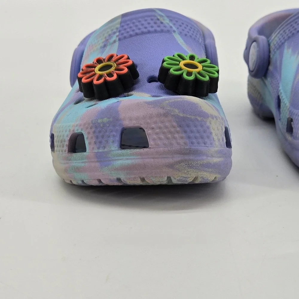 Crocs Kids Classic Marbled Clog Pastel Purple Blue C9 Light Up Flower Jibbitz